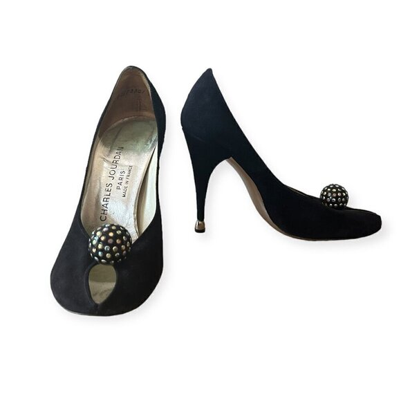 Vintage Charles Jourdan Black Suede Heel with Rhinestone Ball. Size 7 2A - Picture 5 of 15